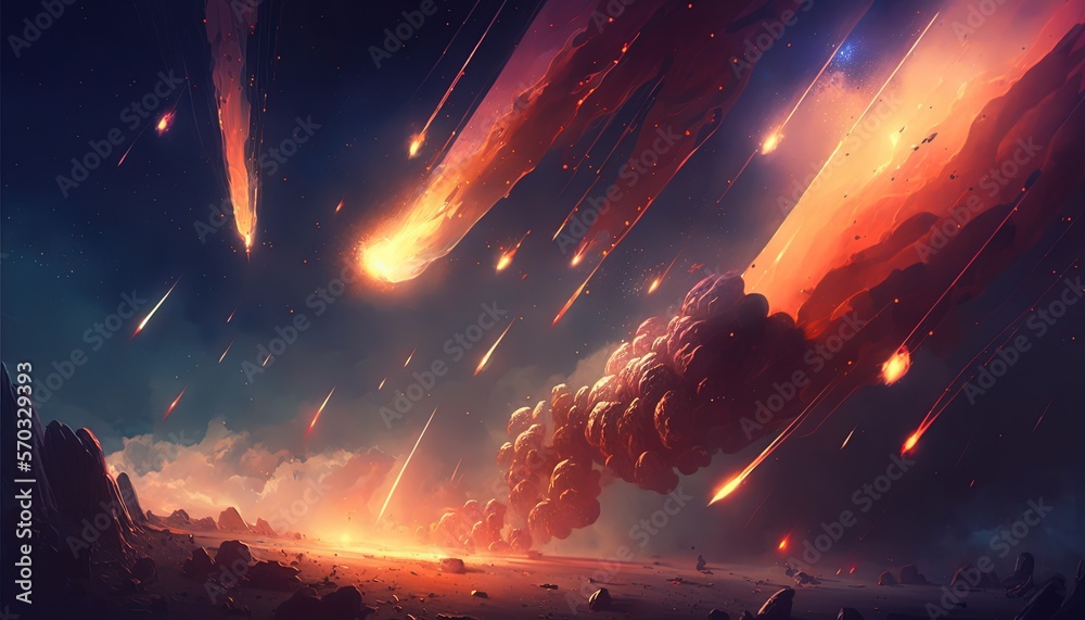 illustration of meteor shower fall into earth's atmosphere make fire trail in sky and crash on