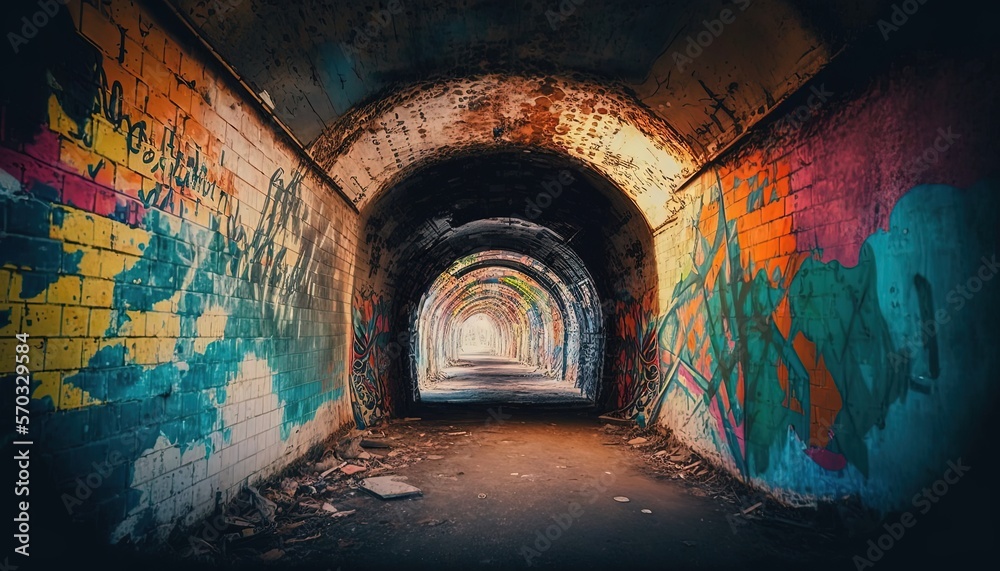 Fototapeta premium long way brick wall tunnel to light, wall that was painted with graffiti art style, Generative Ai
