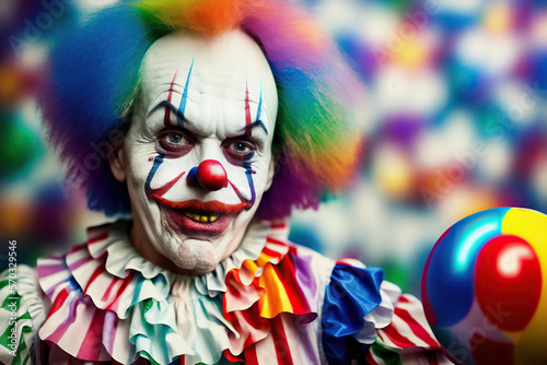 Portrait Creepy Older Clown Yellow Teeth and a Party Balloon Generative AI Photo