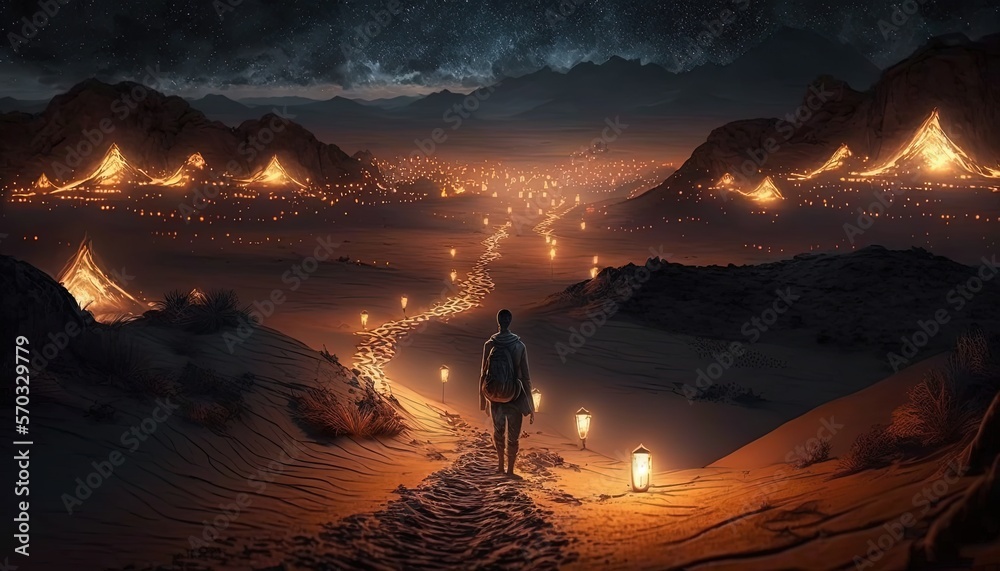 candle lights flicker in desert land guild the way for the man to pass walk through this danger land