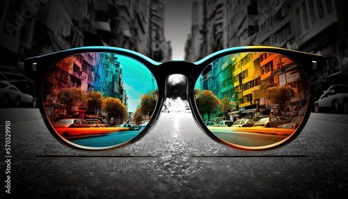 illustration of an sun glasses on street with colorful can be seen through glasses, idea for another perspective or thought, Generative Ai © QuietWord