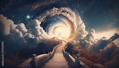 way to heaven with blessing light shine from horizontal line, dreamy elegant background wallpaper, Generative Ai