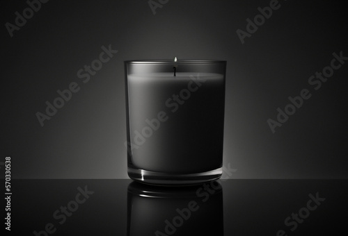 Black candle in a glass beaker on a black matte blurred background