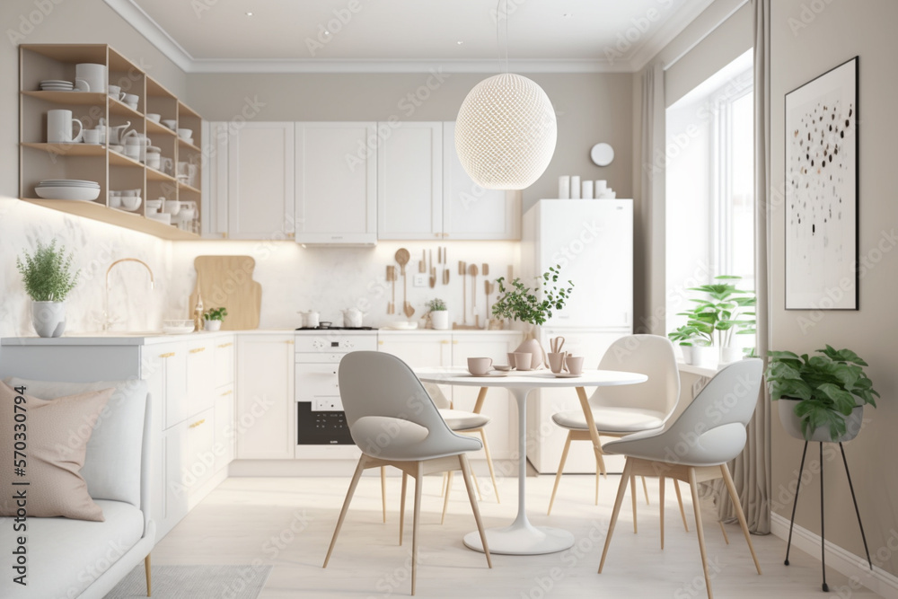 A kitchen with a table, chairs and a couch, Generative AI