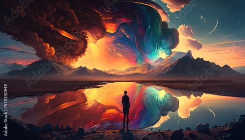 a man walking on wasteland way to colorful clouds sky reflecton crystal clear lake surface, idea for self-challenge, imagination, hope and dream, Generative Ai