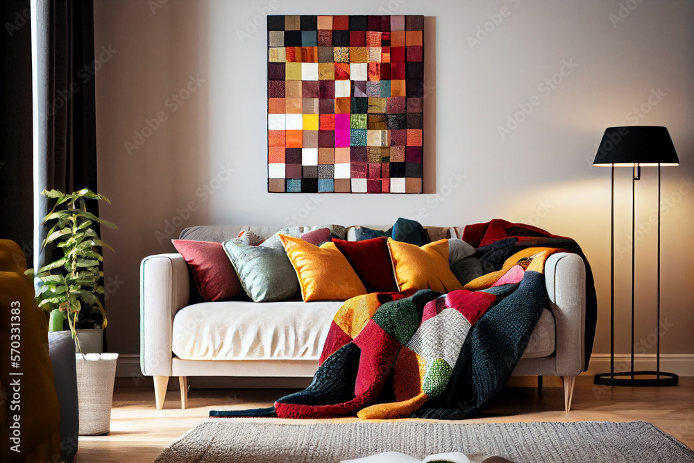 Interior of a living room with a sofa covered with patchwork pillows - obrazy, fototapety, plakaty 