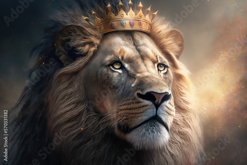 Portrait of a Lion with crown on a head. generative ai