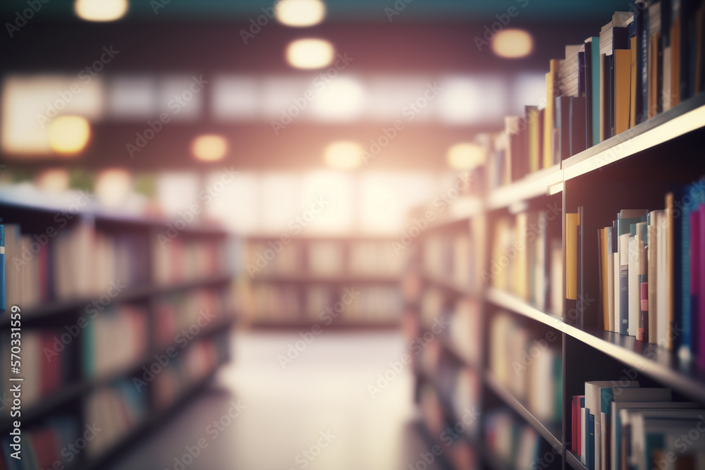 A long bookshelf filled with lots of books, blurry background, Generative AI A long bookshelf filled with lots of books, blurry background, Generative AI