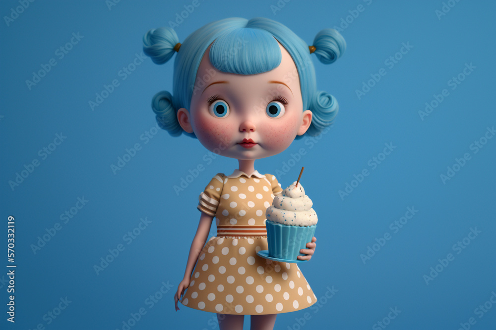 A cartoon girl holding a cupcake standing in front of a blue background, Generative AI
