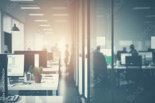 Abstract blurred office interior room. blurry working space with defocused effect. use for background or backdrop in business concept - created with AI