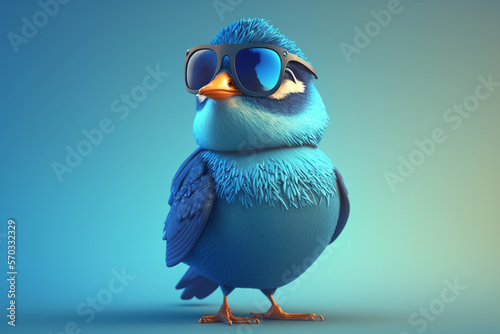 A cute blue bird with sunglasses on its head standing in front of a blue background, Generative AI