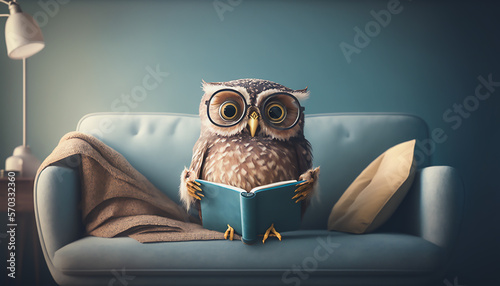 owl reading book on sofa, learning and knowladge concept, Generative ai photo