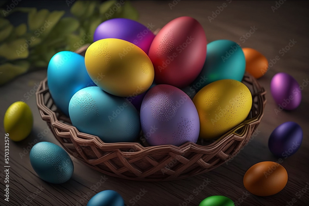 A colorful basket filled with lots of colorful eggs, Generative AI
