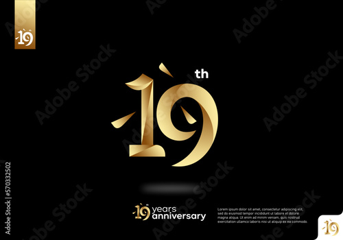 Number 19 gold logo icon design, 19th birthday logo number, 19th anniversary.