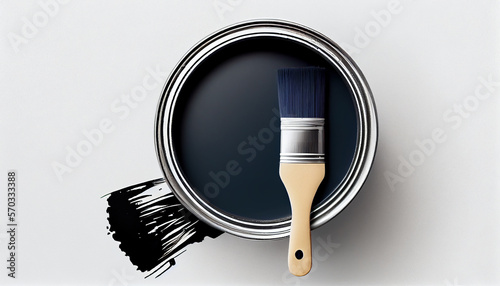 schwarzer Farbtopf mit Pinsel isoliert auf weißen Hintergrund mit Platzhalter. Wandfarbe zum Renovieren - Generative Ai