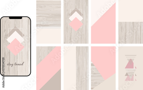 Social media story layout. A set of backgrounds from blocks of muted pink, beige, gray. Parts and elements with ligth wood texture. Place for logos, messages, text placement.