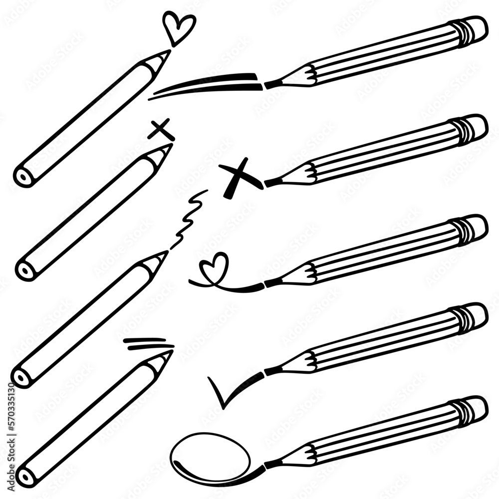 art journal pencil set with hand drawn doodle objects graphic monochrome linear vector elements isolated on white background