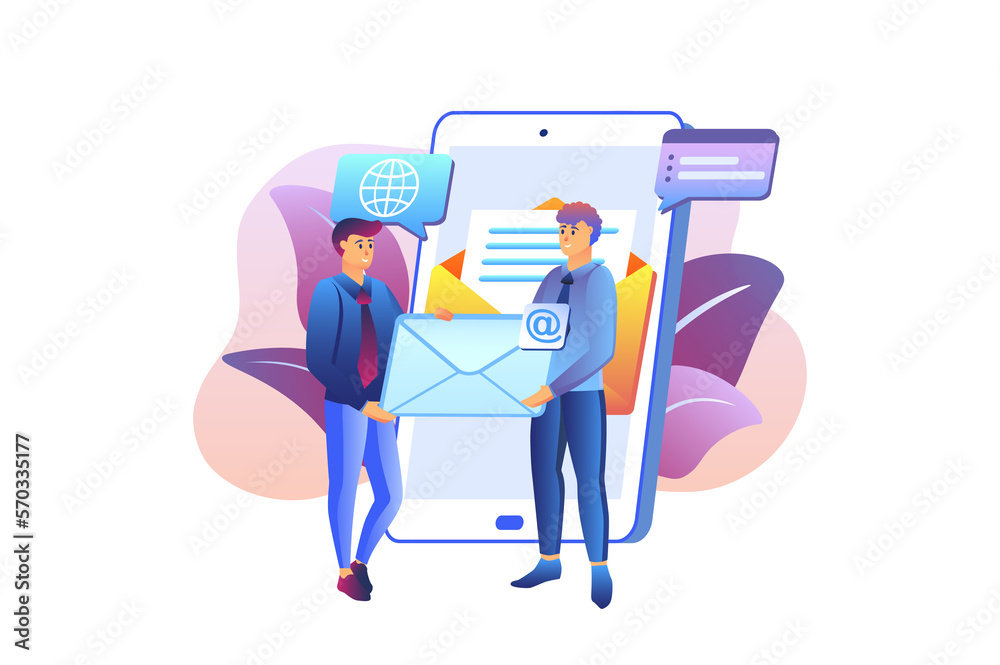 Mail service violet gradient concept with people scene in the flat cartoon design. Boys send letters through an e-mail box. Mail service violet gradient concept with people scene in the flat cartoon design. Boys send letters through an e-mail box.