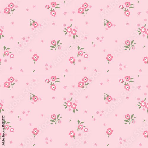 A pattern of small pink flowers and green leaves on a light pink background. Graphic print, floral illustrations, floral vector, vector floral pattern.