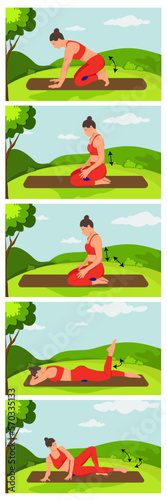 Vector illustration. A woman in nature in the mountains performs exercises on a mat with a needle ball for myofascial relaxation. The ball is used to relax trigger points.