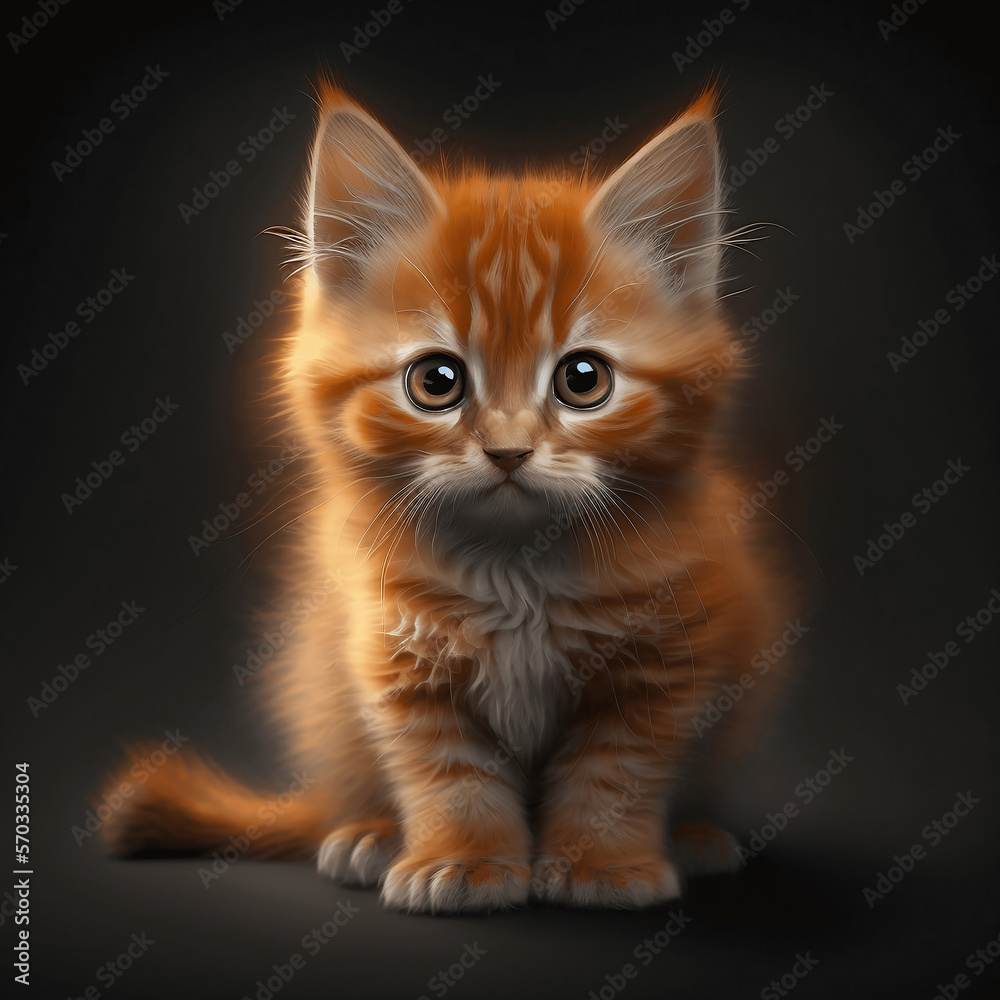Cute lonely kitten on dark background. Ai generative.