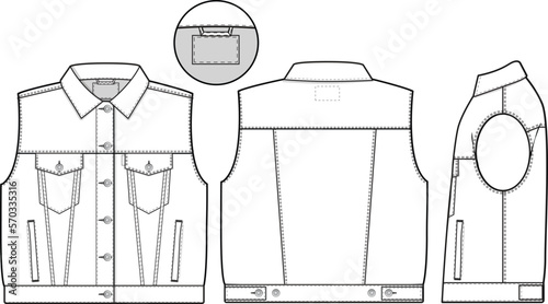 Women Oversized denim jean jacket vest cutoff sleeveless Collared Flat Technical Drawing Illustration Blank Mock-up Template for Design and Tech Packs CAD Technical Sketch baggy