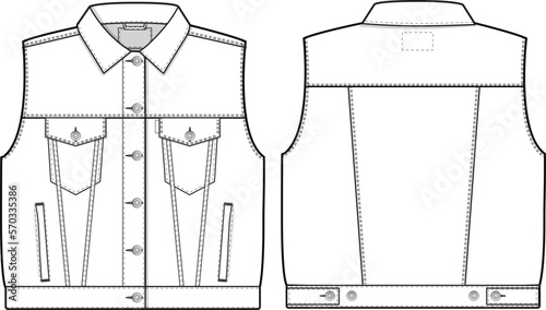 Women Oversized denim jean jacket vest cutoff sleeveless Collared Flat Technical Drawing Illustration Blank Mock-up Template for Design and Tech Packs CAD Technical Sketch baggy