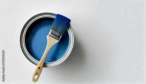 Blauer Farbtopf mit Pinsel isoliert auf weißen Hintergrund mit Platzhalter. Wandfarbe zum Renovieren - Generative Ai