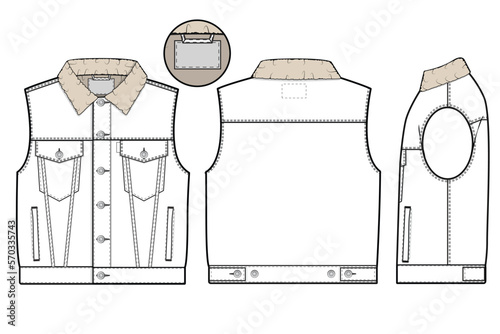Men unisex cropped denim jean jacket vest cutoff sleeveless slim fit Collared Flat Technical Drawing Illustration Blank Mock-up Template for Design and Tech Packs CAD Technical Sketch