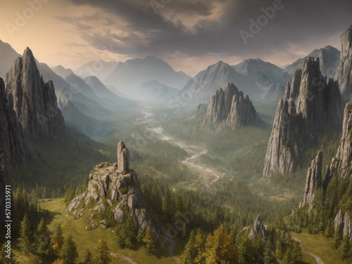 A lone monolith sits on a hill in the mountains, fantasy painting