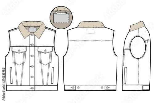 Women cropped denim jean jacket vest cutoff sleeveless slim fit Collared Flat Technical Drawing Illustration Blank Mock-up Template for Design and Tech Packs CAD Technical Sketch
