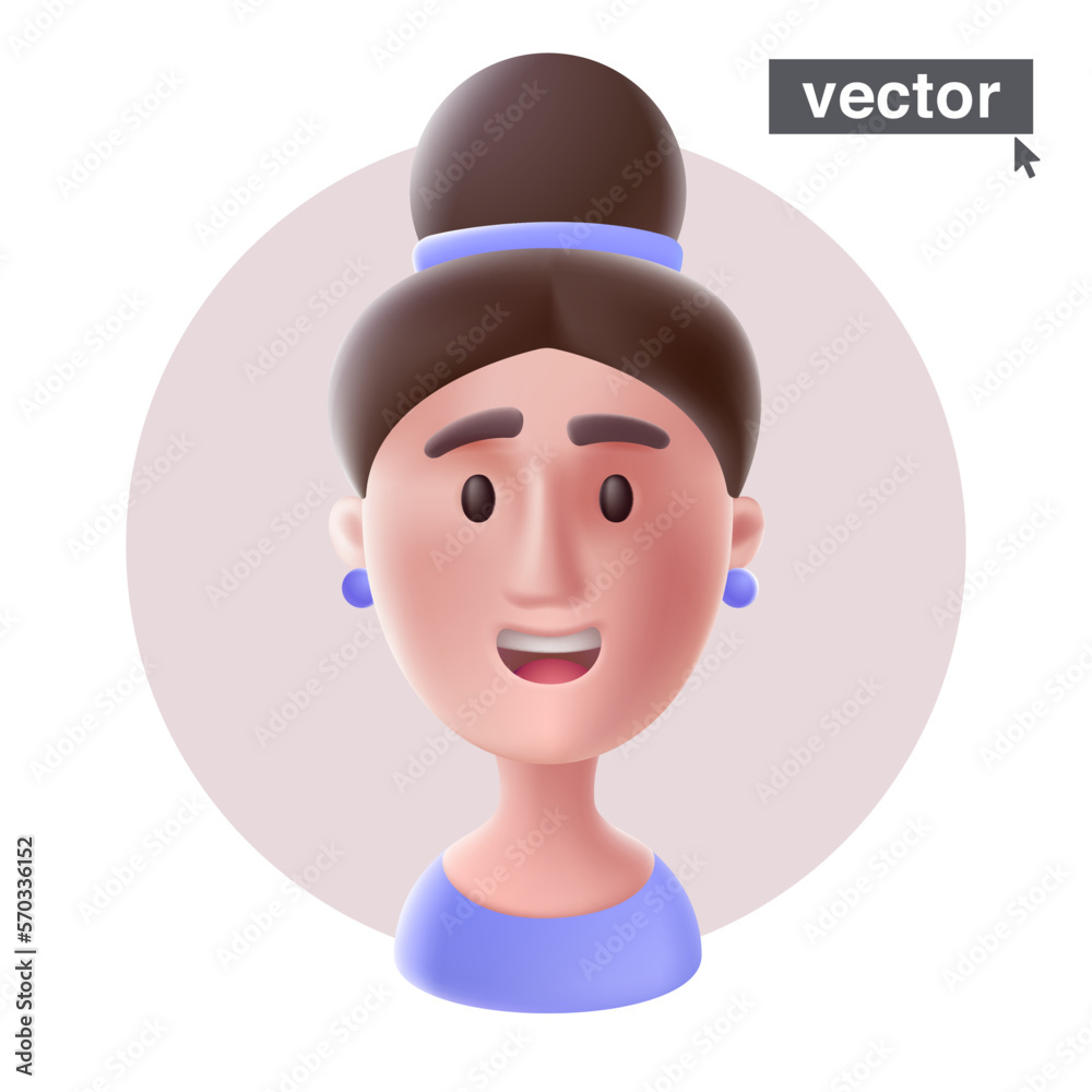 Young smiling woman avatar in circle frame. Realistic 3D style vector character illustration in cartoon style. Young smiling woman avatar in circle frame. Realistic 3D style vector character illustration in cartoon style.