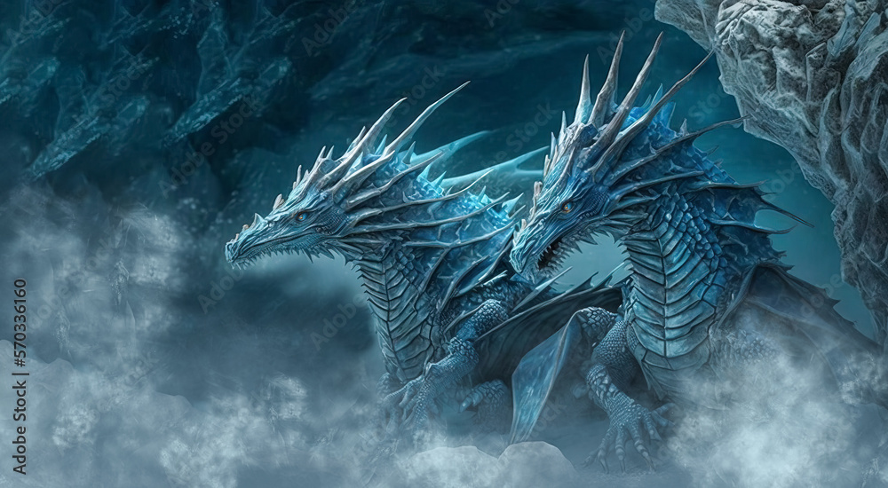Beautiful nesting pair of blue Ice dragon, ice and fire full body shot