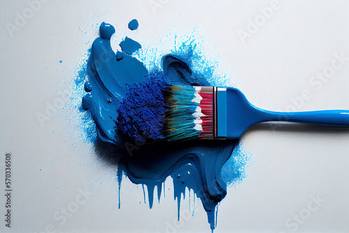 Pinsel mit blauer Farbe isoliert auf weißen Hintergrund mit Platzhalter. Wandfarbe zum Renovieren - Generative Ai
