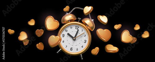 3d illustration of golden retro alarm clock with arrow and golden heart on black color background. Time to love, 3d style design for romantic banner