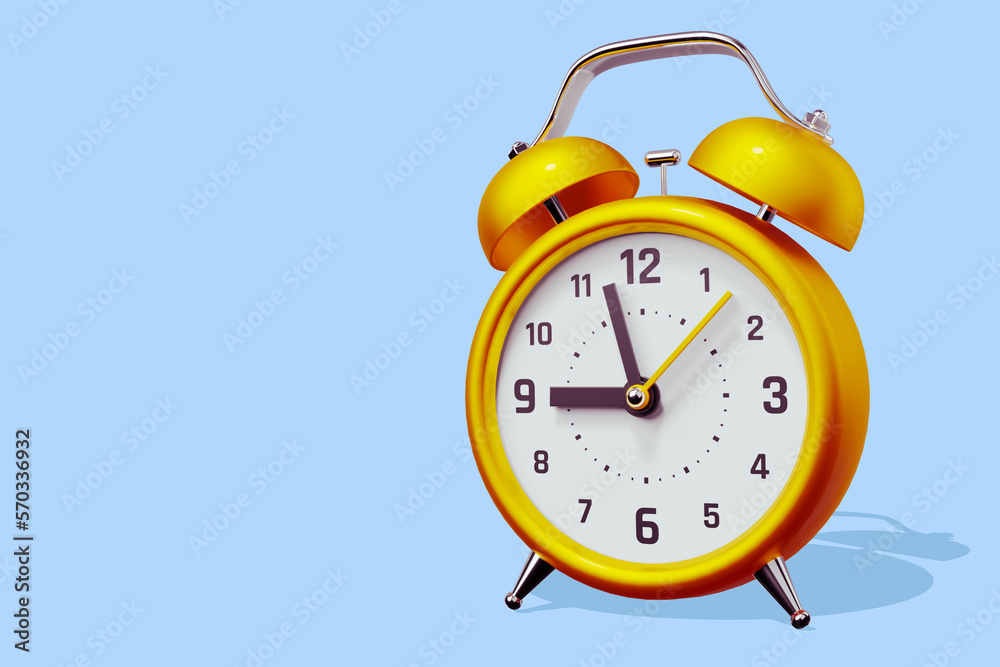 3d illustration of golden retro alarm clock with arrow on blue color background 3d illustration of golden retro alarm clock with arrow on blue color background