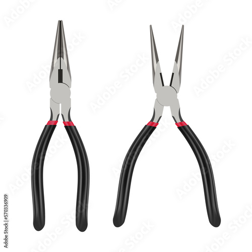 Realistic long nose pliers in open and closed positions. Hand Tool vector illustration isolated on white background.