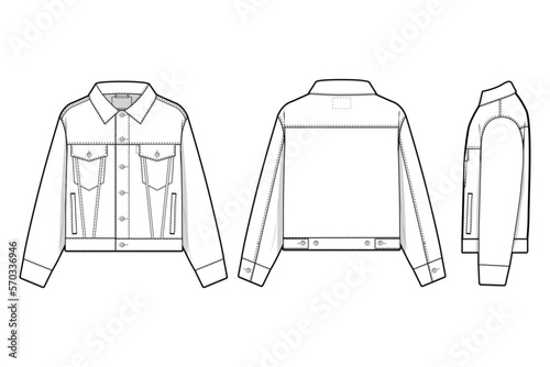 Men unisex cropped denim jean jacket trucker vector flat technical drawing illustration mock-up template for design and tech packs fashion CAD streetwear fashion brand design resource file slim.
