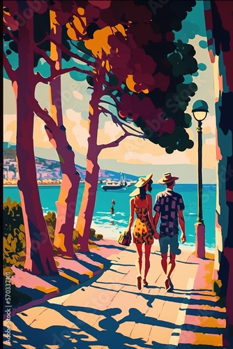 Valentine's lovers couple strolling along the coastline on a summer evening, Fauvism style, travel concept