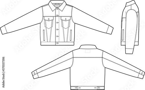 Men unisex cropped denim jean jacket trucker vector flat technical drawing illustration mock-up template for design and tech packs fashion CAD streetwear fashion brand design resource file slim.
