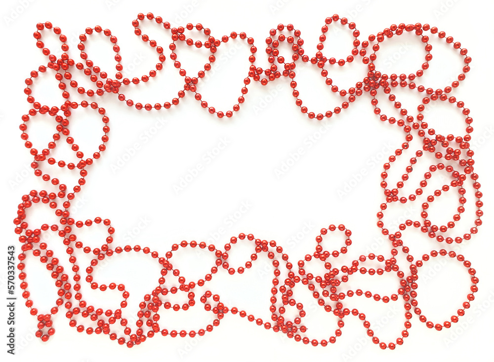 Red beads around like frame on white background. Empty space for text in the middle. Flat lay for Valentines Day or holidays.