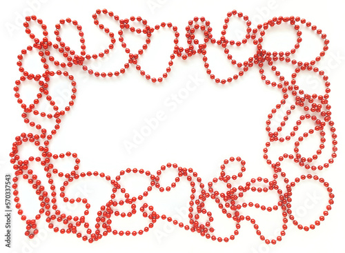 Obraz na płótnie Red beads around like frame on white background. Empty space for text in the middle. Flat lay for Valentines Day or holidays. w salonie