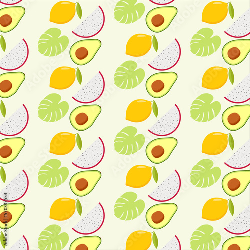 Pattern on a light background lemon dragon fruit avocado tropical leaves.