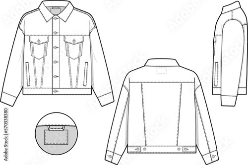 Men unisex regular fit denim jean jacket trucker vector flat technical drawing illustration mock-up template for design and tech packs fashion CAD streetwear fashion brand design resource file.