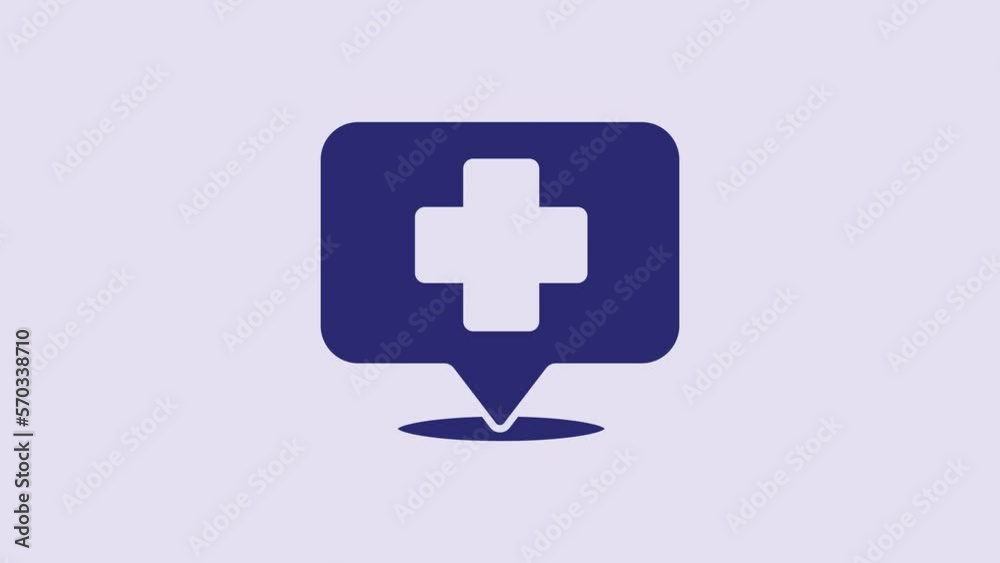 Blue Medical map pointer with cross hospital icon isolated on purple background. 4K Video motion graphic animation Blue Medical map pointer with cross hospital icon isolated on purple background. 4K Video motion graphic animation