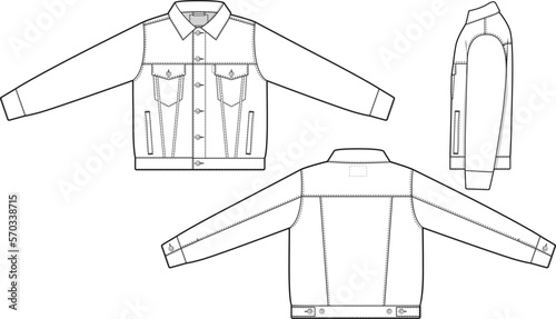 Men unisex regular fit denim jean jacket trucker vector flat technical drawing illustration mock-up template for design and tech packs fashion CAD streetwear fashion brand design resource file.