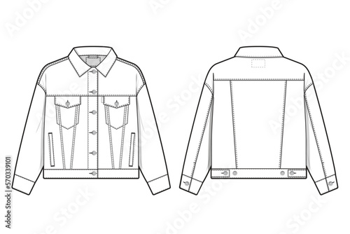 Women regular fit denim jean jacket trucker vector flat technical drawing illustration mock-up template for design and tech packs fashion CAD streetwear fashion brand design resource file.