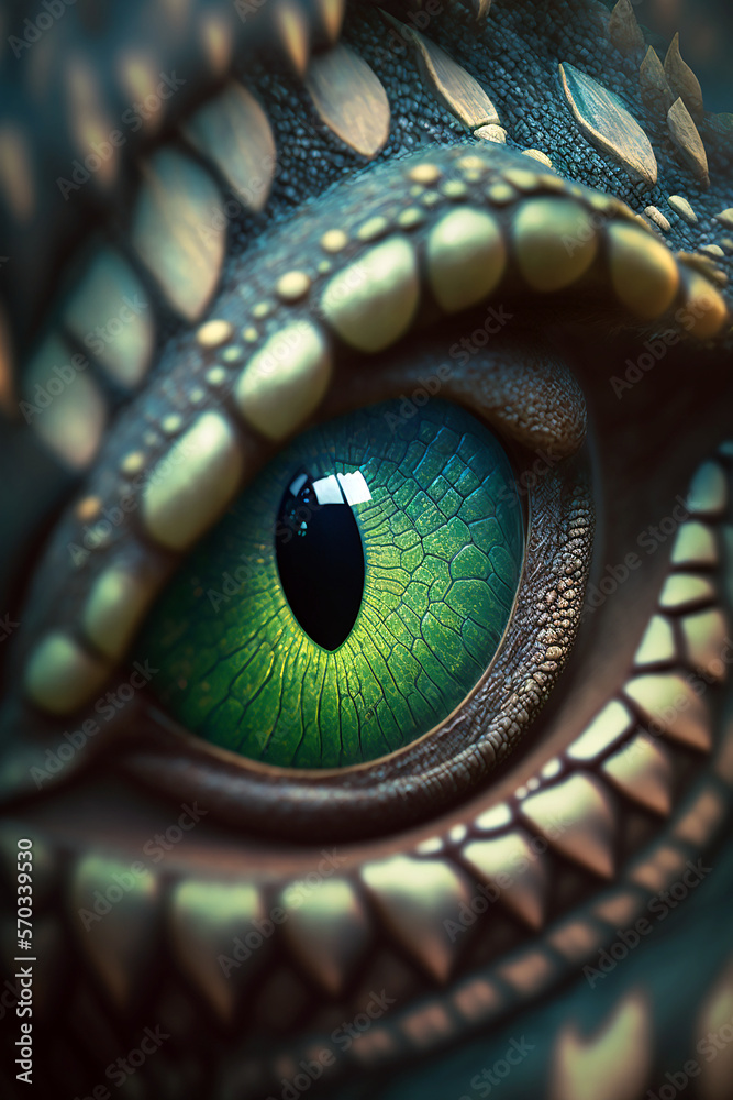 Fantasy close-up portrait of a green dinosaur lizzard eye. Wallpaper, poster and wild fantasy pictures generated with AI