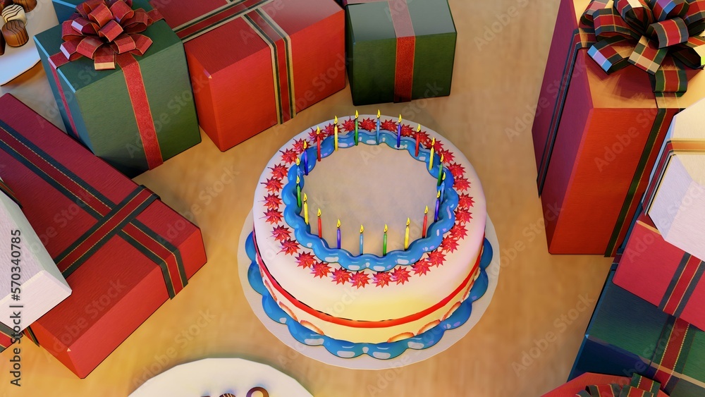 3D rendered birthday cake with gifts, beautiful and colorful birthday and anniversary cake and gifts, celebrations with too many Gifts and chocolate and cake
