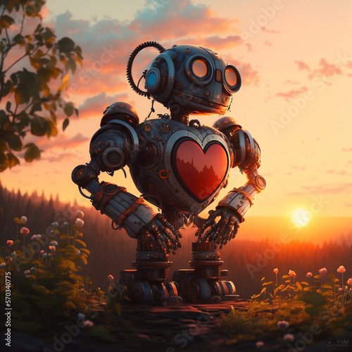 Futuristic Love robot with a big heart, artificial sunset on Valentine's Day (Generative AI)